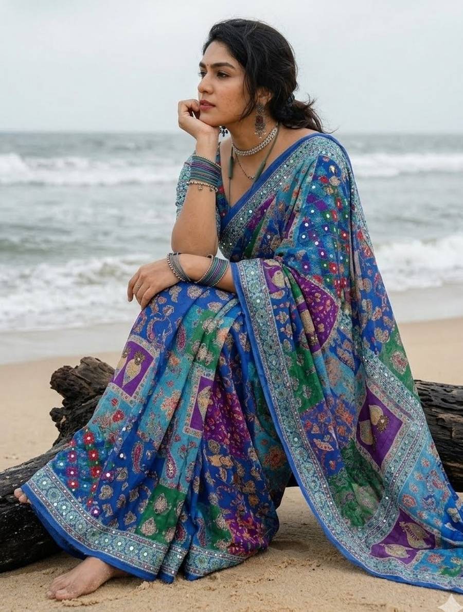 TRENDING CHINON SILK DIGITAL PRINTED WITH BEAUTIFUL MIRROR HANDWORK SAREE WITH STITCHED BLOUSE PARTY WEAR WHOLESALE PRICE ETHNIC GARMENT (8)