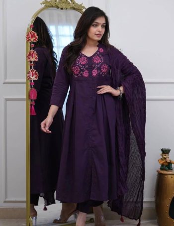 TRENDING COTTON EMBROIDERY WORK TOP BOTTOM WITH DUPATTA PURPLE