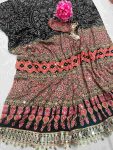 TRENDING CREPE SILK AJARAKH PRINT WITH REAL MIRROR WORK SAREE WITH UNSTITCHED BLOUSE BLACK
