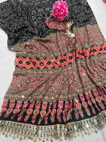 TRENDING CREPE SILK AJARAKH PRINT WITH REAL MIRROR WORK SAREE WITH UNSTITCHED BLOUSE BLACK