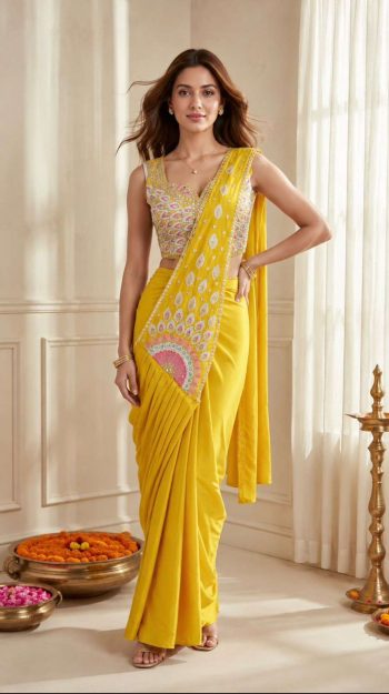 TRENDING CREPE  SILK EMBROIDEY SEQUENCE MULTI THREAD WORK READY TO WEAR SAREE WITH STITCHED BLOUSE  YELLOW