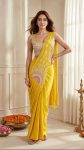 TRENDING CREPE  SILK EMBROIDEY SEQUENCE MULTI THREAD WORK READY TO WEAR SAREE WITH STITCHED BLOUSE  YELLOW