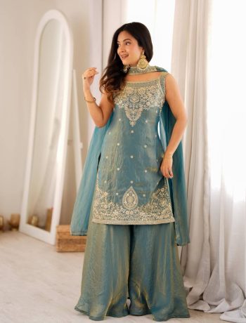 TRENDING FENDY SILK EMBROIDERY SEQUENCE DORI AND JARI WORK TOP PALAZZO WITH DUPATTA SKY