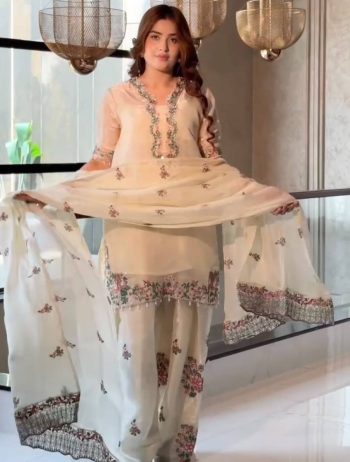 TRENDING FENDY SILK EMBROIDERY SEQUENCE WITH FANCY DIAMOND HAND WORK TOP PATIYALA WITH DUPATTA OFF WHITE