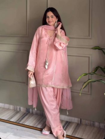 TRENDING GMY SILK READYMADE FANCY LACE WORK TOP PATIYALA WITH DUPATTA BABY PINK