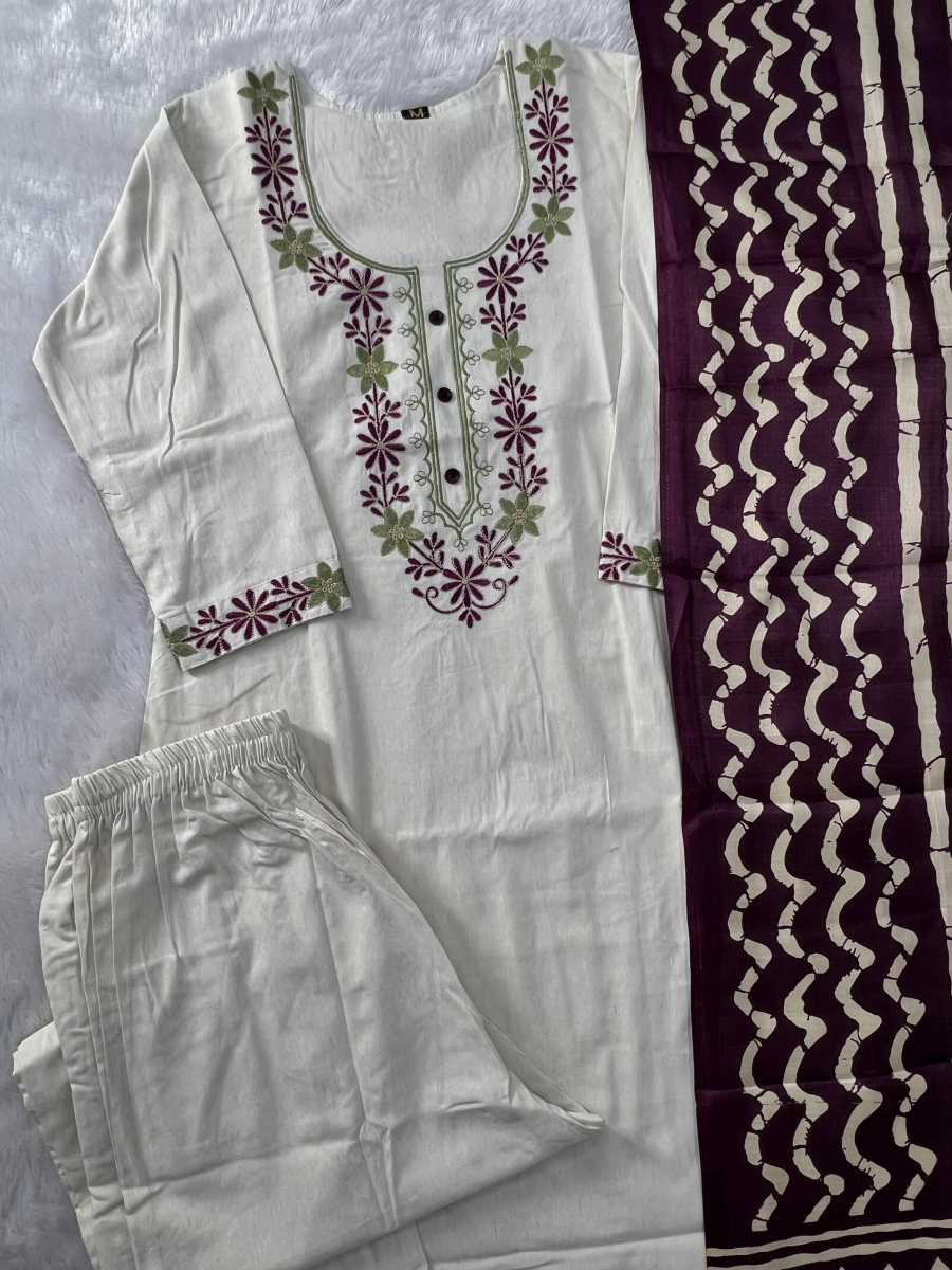 TRENDING KHADI COTTON EMBROIDERY WORK TOP BOTTOM WITH DUPATTA OFFICE WEAR WHOLESALE PRICE ETHNIC GARMENT (1)