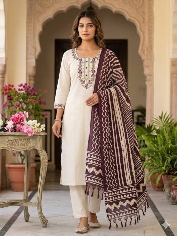 TRENDING KHADI COTTON EMBROIDERY WORK TOP BOTTOM WITH DUPATTA CREAM