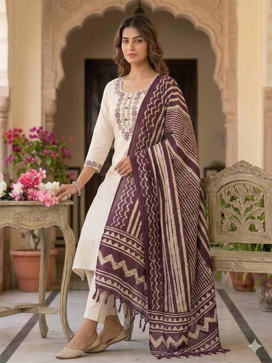 TRENDING KHADI COTTON EMBROIDERY WORK TOP BOTTOM WITH DUPATTA OFFICE WEAR WHOLESALE PRICE ETHNIC GARMENT (4)