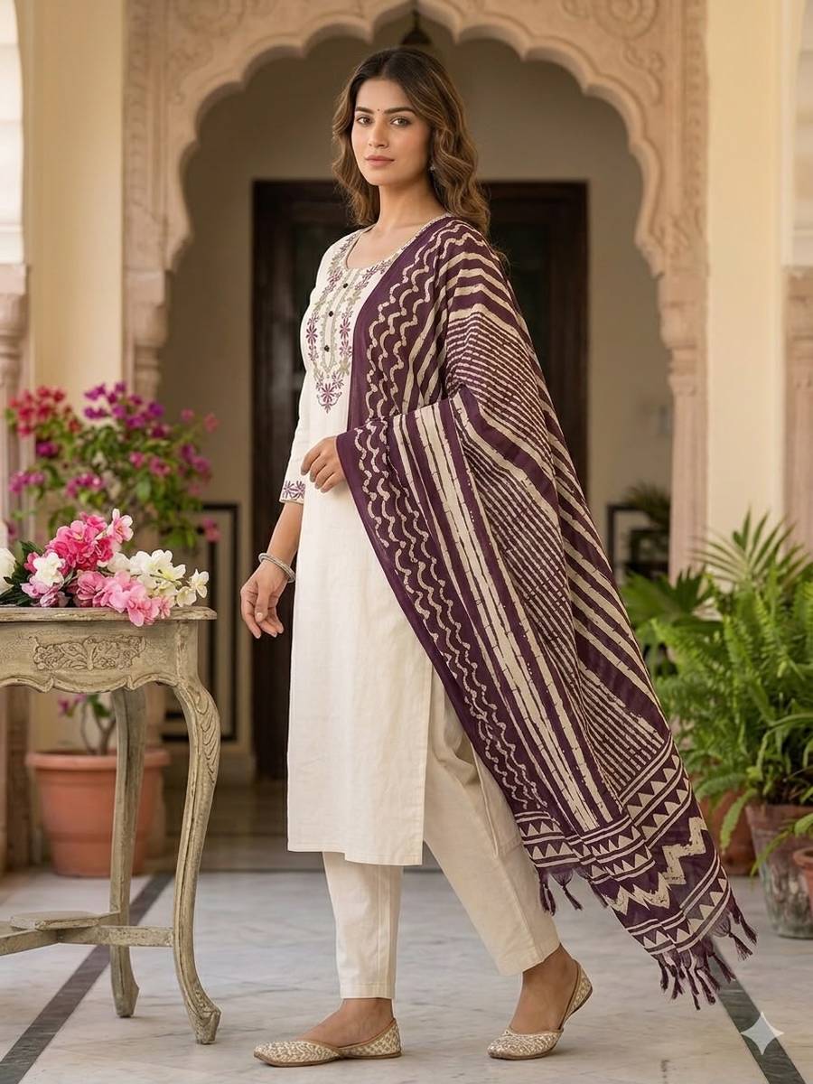 TRENDING KHADI COTTON EMBROIDERY WORK TOP BOTTOM WITH DUPATTA OFFICE WEAR WHOLESALE PRICE ETHNIC GARMENT (5)