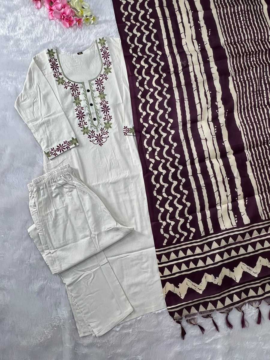 TRENDING KHADI COTTON EMBROIDERY WORK TOP BOTTOM WITH DUPATTA OFFICE WEAR WHOLESALE PRICE ETHNIC GARMENT (9)
