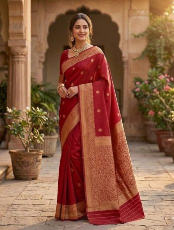 TRENDING LICHI SILK WEAVING WORK SAREE WITH UNSTITCHED BLOUSE RED