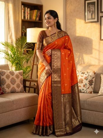 TRENDING LICHI SILK WEAVING WORK SAREE WITH UNSTITCHED BLOUSE ORANGE