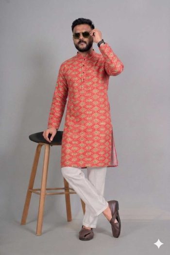 TRENDING RAYON DIGITAL WORK KURTA PAYJAMA ORANGE