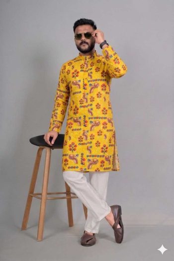 TRENDING RAYON DIGITAL WORK KURTA PAYJAMA YELLOW