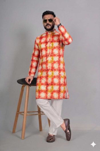 TRENDING RAYON DIGITAL WORK KURTA PAYJAMA ORANGE
