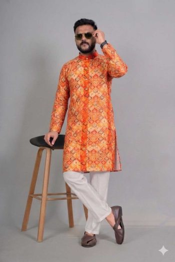 TRENDING RAYON DIGITAL WORK KURTA PAYJAMA ORANGE
