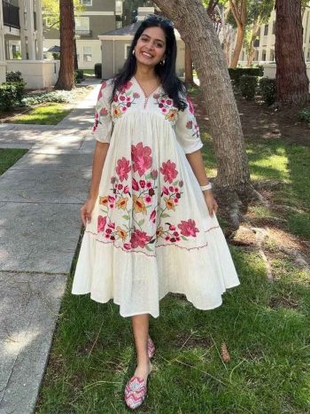TRENDING RAYON EMBROIDERY WORK ONE PIECE DRESS OFF WHITE