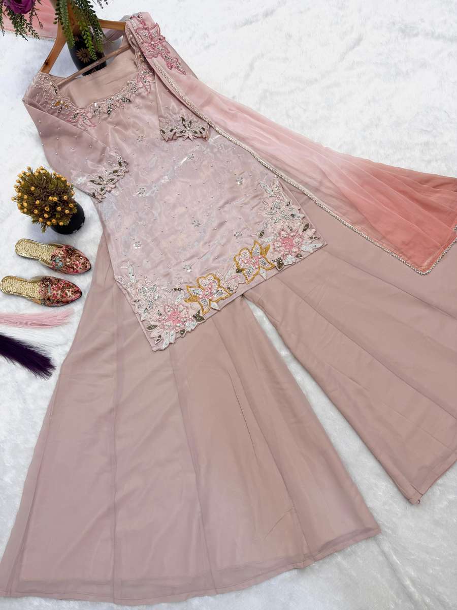 TRENDING ROMAN GLASS SILK MULTI EMBROIDERY AND BIDS MOTI WORK TOP PALAZZO WITH DUPATTA WHOLESALE PRICE ETHNIC GARMENT (1)