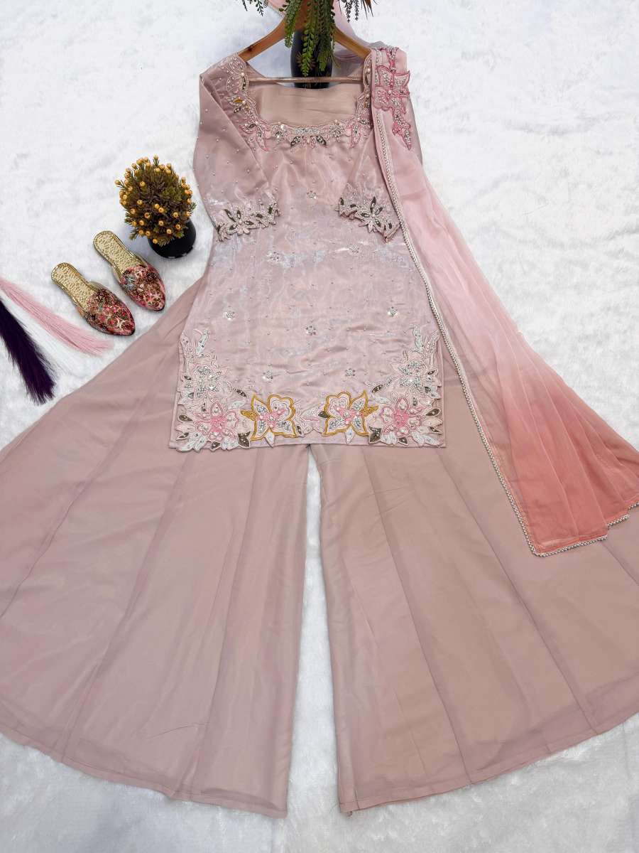 TRENDING ROMAN GLASS SILK MULTI EMBROIDERY AND BIDS MOTI WORK TOP PALAZZO WITH DUPATTA WHOLESALE PRICE ETHNIC GARMENT (10)