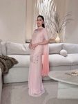 TRENDING ROMAN GLASS SILK MULTI EMBROIDERY AND BIDS MOTI WORK TOP PALAZZO WITH DUPATTA PEACH
