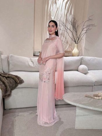 TRENDING ROMAN GLASS SILK MULTI EMBROIDERY AND BIDS MOTI WORK TOP PALAZZO WITH DUPATTA PEACH