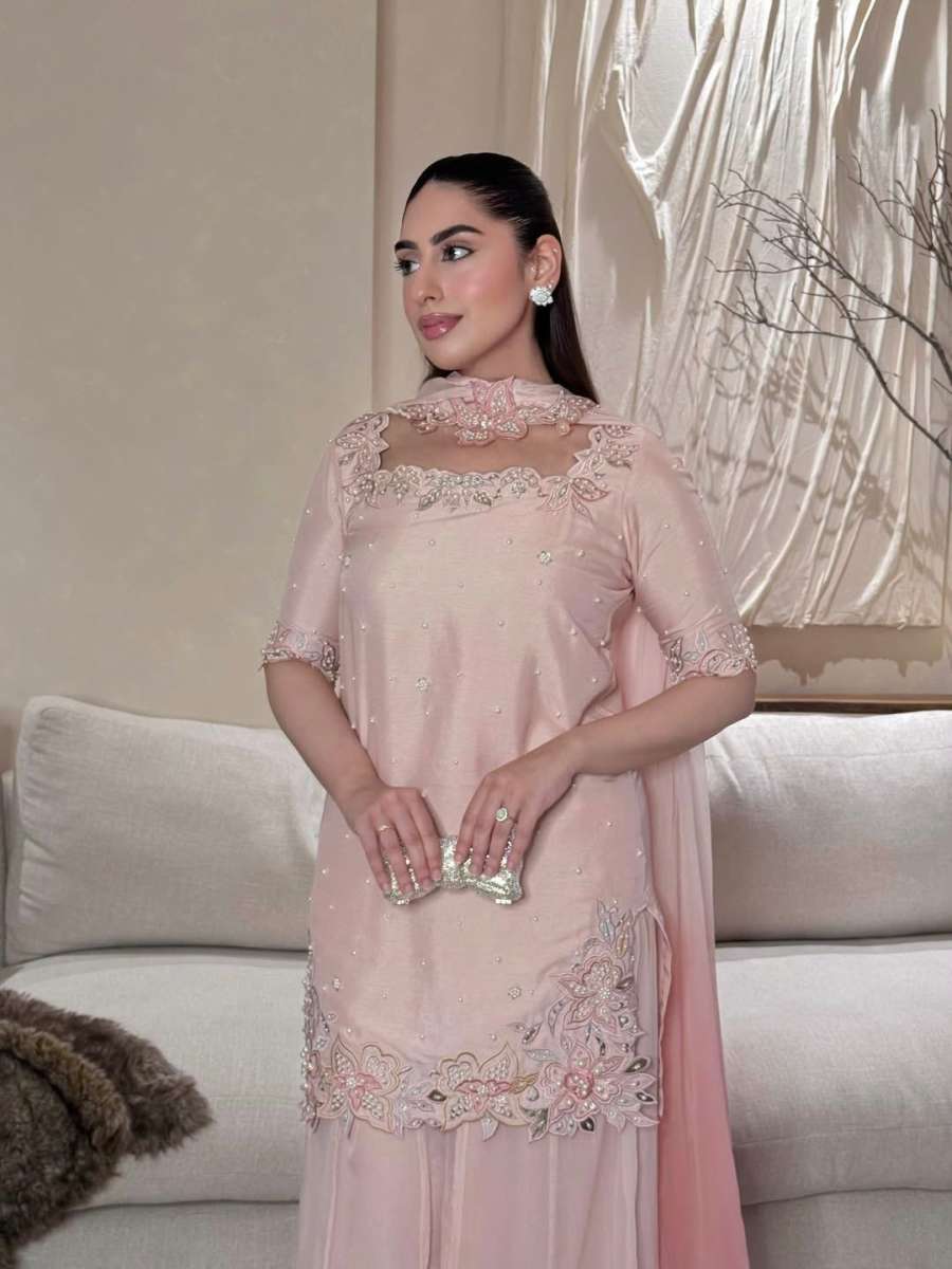 TRENDING ROMAN GLASS SILK MULTI EMBROIDERY AND BIDS MOTI WORK TOP PALAZZO WITH DUPATTA WHOLESALE PRICE ETHNIC GARMENT (6)