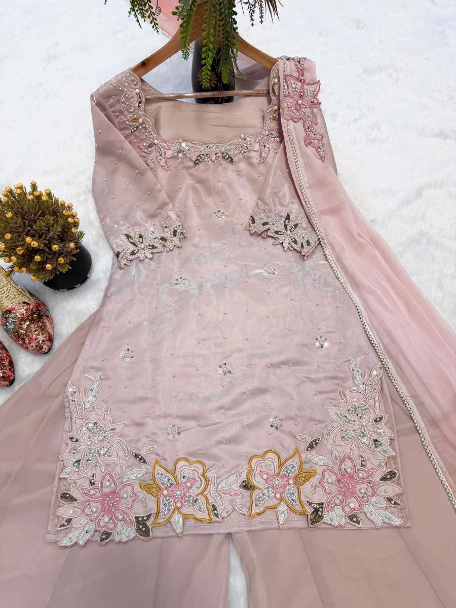 TRENDING ROMAN GLASS SILK MULTI EMBROIDERY AND BIDS MOTI WORK TOP PALAZZO WITH DUPATTA WHOLESALE PRICE ETHNIC GARMENT (7)