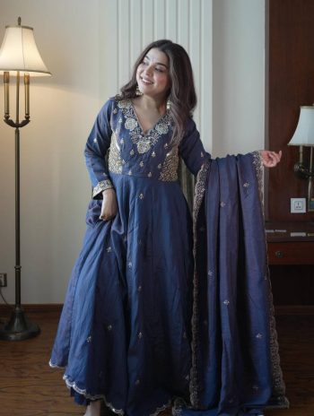 TRENDING VICHITRA BEADS SEQUENCE EMBROIDERY WORK GOWN BOTTOM WITH DUPATTA BLLUE