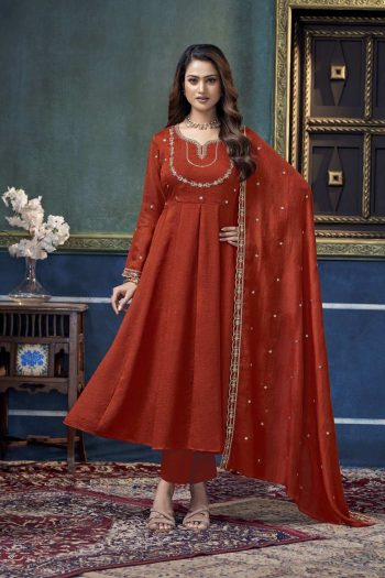TRENDING VICHITRA SILK EMBROIDERY, SEQUENCE & CODING WORK ANARKALI BOTTOM WITH DUPATTA ORANGE