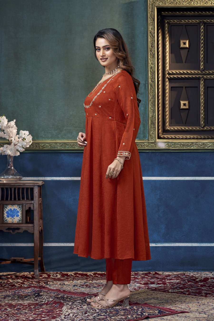 TRENDING VICHITRA SILK EMBROIDERY, SEQUENCE & CODING WORK ANARKALI BOTTOM WITH DUPATTA WEDDING WEAR WHOLESALE PRICE ETHNIC GARMENT (9)