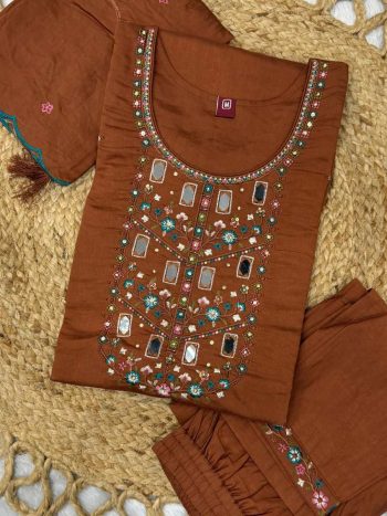 TRENDING VISCOSE MANGO SILK MULTI EMBROIDERY & REAL MIRROR WITH HAND WORK TOP BOTTOM WITH DUPATTA MUSTARD