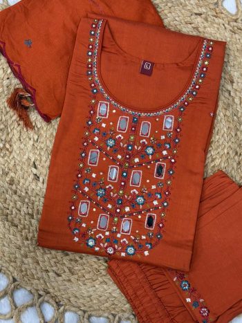 TRENDING VISCOSE MANGO SILK MULTI EMBROIDERY & REAL MIRROR WITH HAND WORK TOP BOTTOM WITH DUPATTA ORANGE