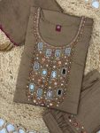 TRENDING VISCOSE MANGO SILK MULTI EMBROIDERY & REAL MIRROR WITH HAND WORK TOP BOTTOM WITH DUPATTA KHAKI