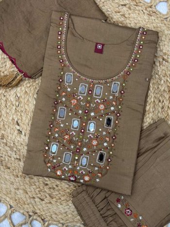 TRENDING VISCOSE MANGO SILK MULTI EMBROIDERY & REAL MIRROR WITH HAND WORK TOP BOTTOM WITH DUPATTA KHAKI