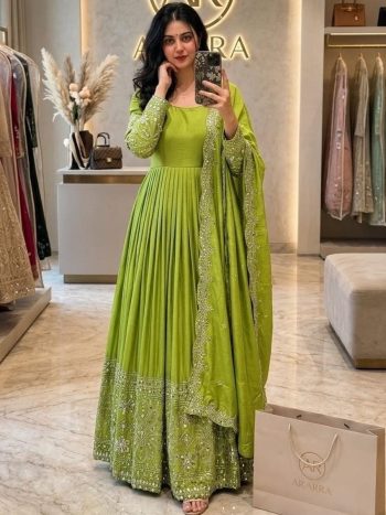 DESIGNER CHINON SILK EMBROIDERY 5 MM SEQUENCE WITH REAL MIRROR WORK GOWN BOTTOM WITH DUPATTA PARROT GREEN