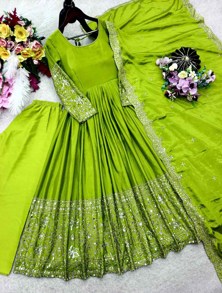 14DESIGNER CHINON SILK EMBROIDERY 5 MM SEQUENCE WITH REAL MIRROR WORK GOWN BOTTOM WITH DUPATTA FESTIVE WEAR WHOLESALE PRICE ETHNIC GARMENT (15)
