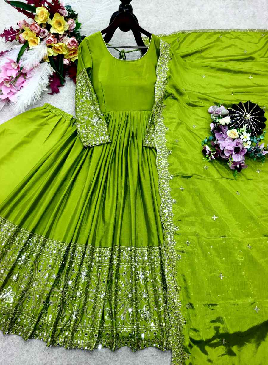 14DESIGNER CHINON SILK EMBROIDERY 5 MM SEQUENCE WITH REAL MIRROR WORK GOWN BOTTOM WITH DUPATTA FESTIVE WEAR WHOLESALE PRICE ETHNIC GARMENT (16)