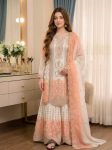 DESIGNER GEORGETTE EMBROIDERY THREAD WORK TOP PALAZZO WITH DUPATTA WHITE AND PEACH