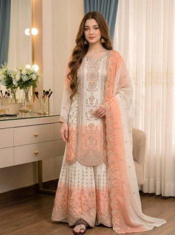 DESIGNER GEORGETTE EMBROIDERY THREAD WORK TOP PALAZZO WITH DUPATTA WHITE AND PEACH