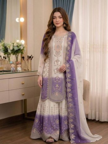 DESIGNER GEORGETTE EMBROIDERY THREAD WORK TOP PALAZZO WITH DUPATTA WHITE AND PURPLE