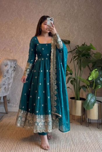 DESIGNER FENDY SILK EMBROIDERY SEQUENCE WORK GOWN BOTTOM WITH DUPATTA TEAL