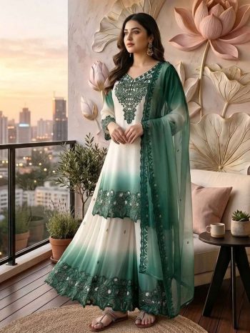 FANCY DUAL TONE STAR GEORGETTE EMBROIDERY THREAD WORK TOP PALAZZO WITH DUPATTA WHITE AND GREEN