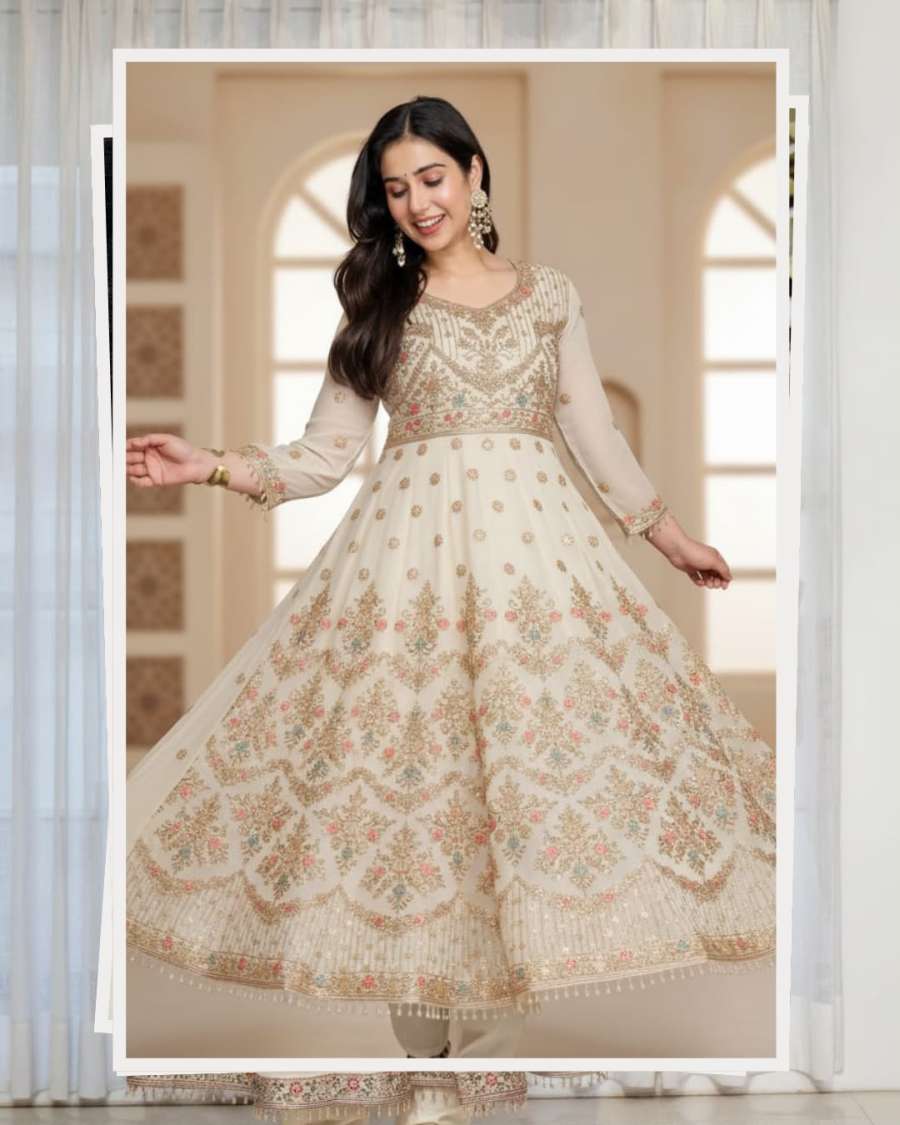 1FASHIONABLE FAUX BLOOMING SEQUENCE & ZARI THREAD EMBROIDERY WORK GOWN BOTTOM WITH DUPATTA WEDDING WEAR WHOLESALE PRICE ETHNIC GARMENT (28)