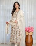 FASHIONABLE FAUX BLOOMING SEQUENCE & ZARI THREAD EMBROIDERY WORK GOWN BOTTOM WITH DUPATTA OFF WHITE