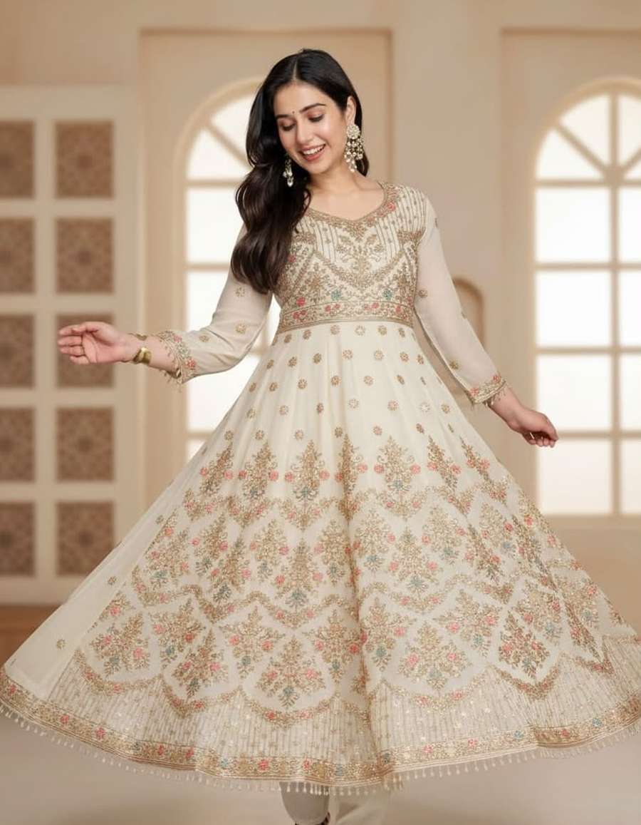 1FASHIONABLE FAUX BLOOMING SEQUENCE & ZARI THREAD EMBROIDERY WORK GOWN BOTTOM WITH DUPATTA WEDDING WEAR WHOLESALE PRICE ETHNIC GARMENT (30)