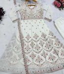 1FASHIONABLE FAUX BLOOMING SEQUENCE & ZARI THREAD EMBROIDERY WORK GOWN BOTTOM WITH DUPATTA WEDDING WEAR WHOLESALE PRICE ETHNIC GARMENT (29)