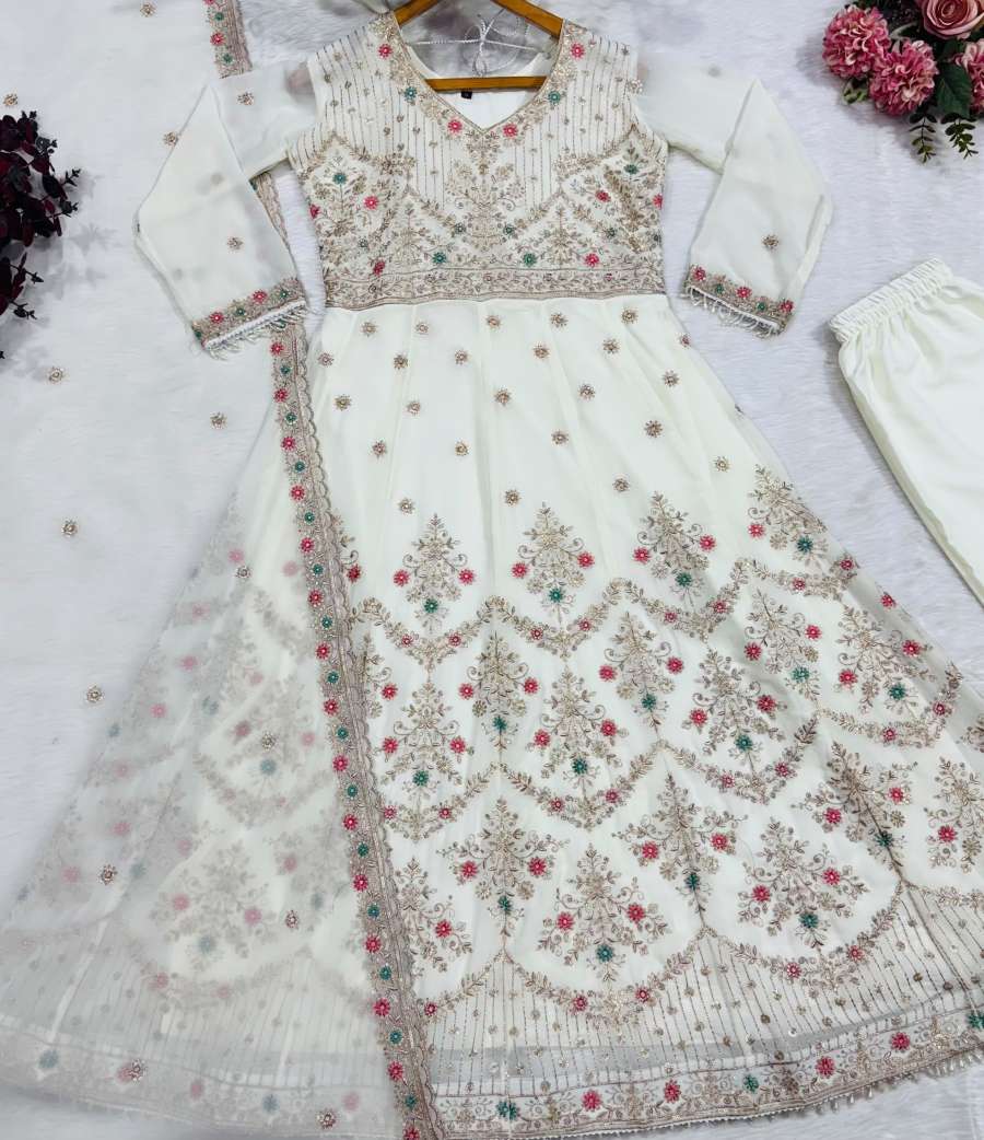 1FASHIONABLE FAUX BLOOMING SEQUENCE & ZARI THREAD EMBROIDERY WORK GOWN BOTTOM WITH DUPATTA WEDDING WEAR WHOLESALE PRICE ETHNIC GARMENT (32)