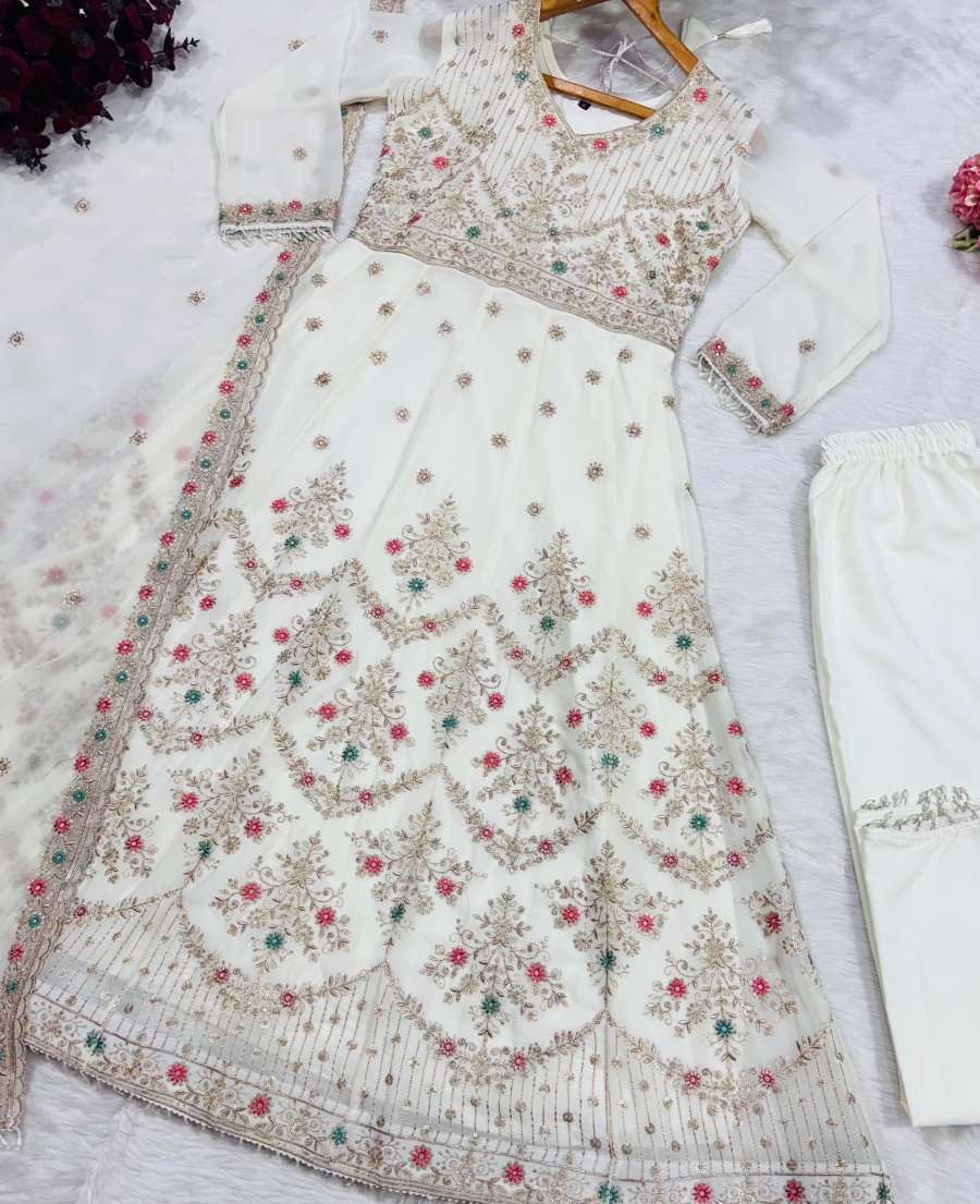 1FASHIONABLE FAUX BLOOMING SEQUENCE & ZARI THREAD EMBROIDERY WORK GOWN BOTTOM WITH DUPATTA WEDDING WEAR WHOLESALE PRICE ETHNIC GARMENT (33)