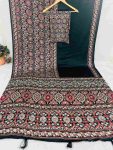 LATEST GAJJI SILK AJARAKH PRINT AND HEAVY MIRROR WORK SAREE WITH UNSTITCHED BLOUSE BLACK