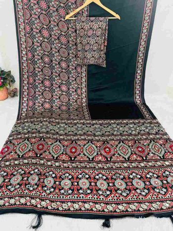 LATEST GAJJI SILK AJARAKH PRINT AND HEAVY MIRROR WORK SAREE WITH UNSTITCHED BLOUSE BLACK